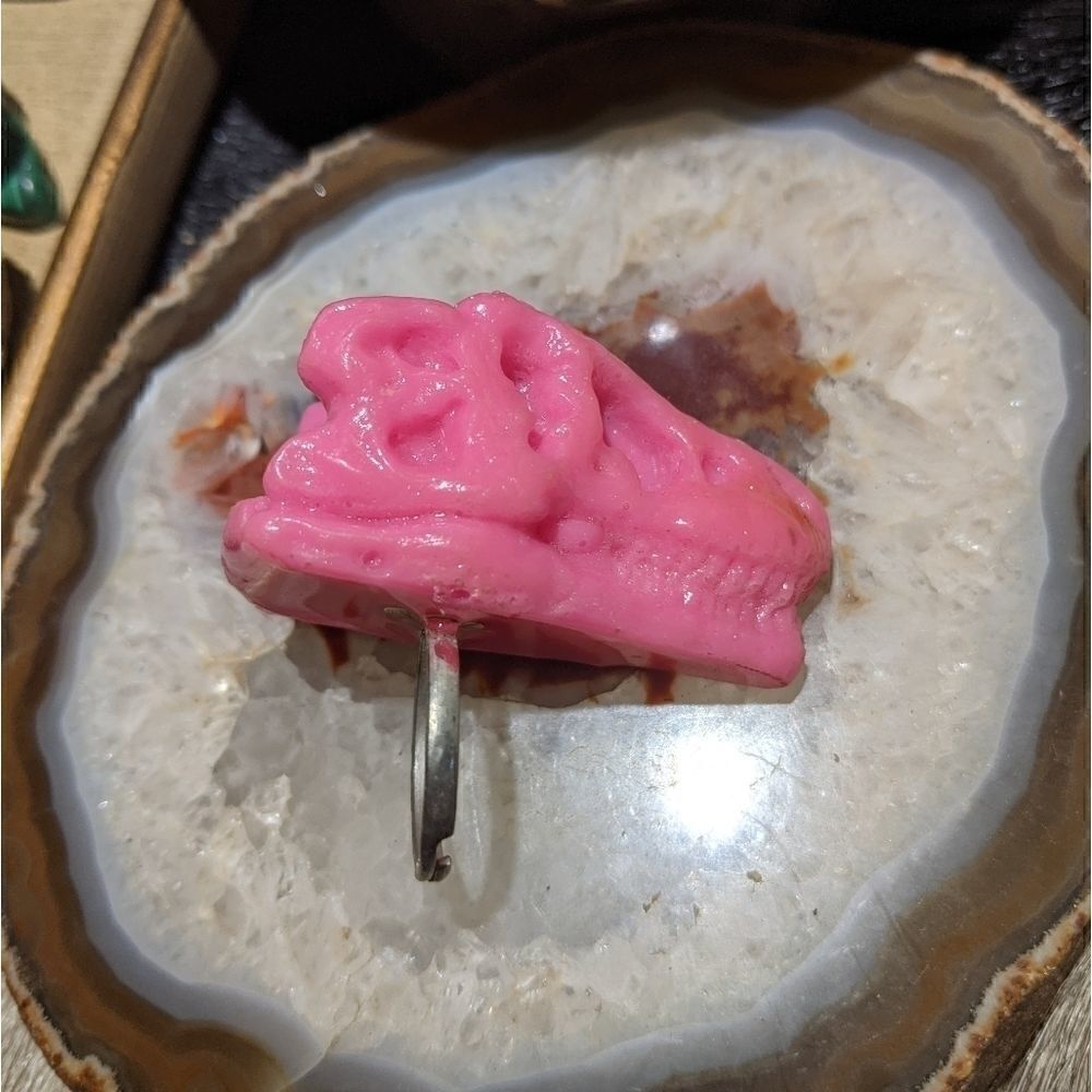 Neon Sparkle Pink Resin Dino Skull Ring